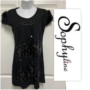 Sophyline Black Fur And Sequin Holiday Sweater Dress